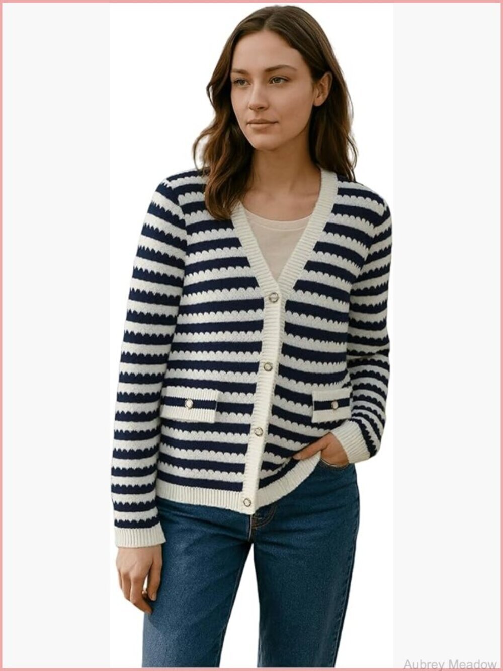 Striped V-Neck Textured Knit Cardigan, Button-Down Sweater with Pockets